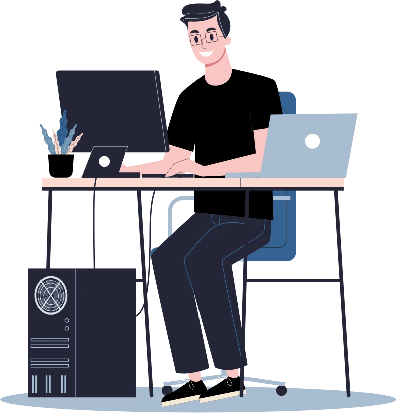 Especialista em criação de sites em São José dos Campos da SDC Digital trabalhando em um setup moderno com computador e notebook sobre fundo laranja.